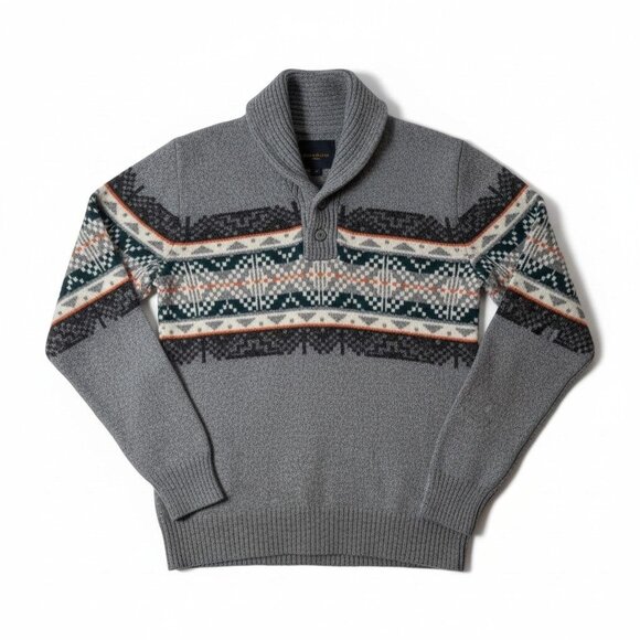 American Eagle Mens Gray Fair Isle Shawl Collar Sweater L Cotton/Wool Blend EUC - Picture 2 of 14